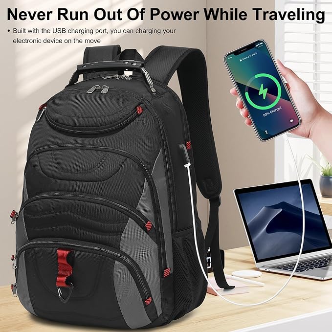 Boavan Laptop Backpack for men, 17.3 inch Laptop Bag with USB Port, Waterproof Travel Work Backpack Purse, Anti-Theft Teacher Nurse Doctor Casual Bookbags Office Business backpack,Black&Dark Grey