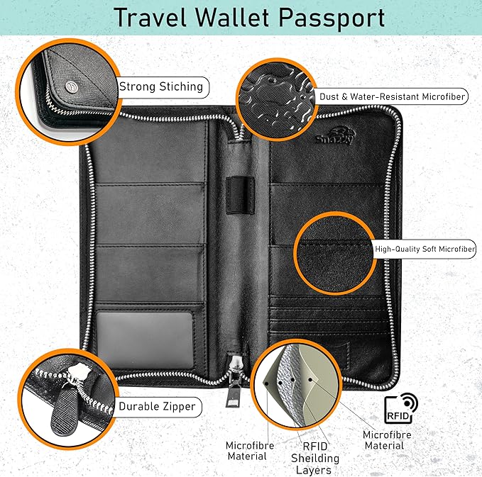 Family 4 Passport Holder - Travel Wallet RFID Blocking, Document Organizer, Essentials Plane Accessory Cover for Women Men (Black)