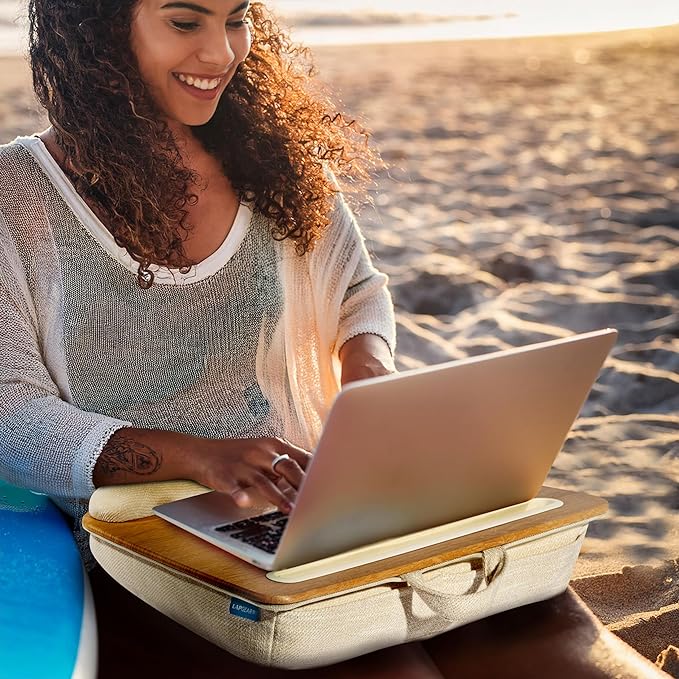 LAPGEAR Portable Laptop Lap Desk with Pillow Cushion, Anti-Slip Strip, Tablet or Phone Storage Slot, Pen and Pencil Pocket, and Wrist Rest - White Oak Woodgrain - Fits 15.6" Laptops - Style No. 91349