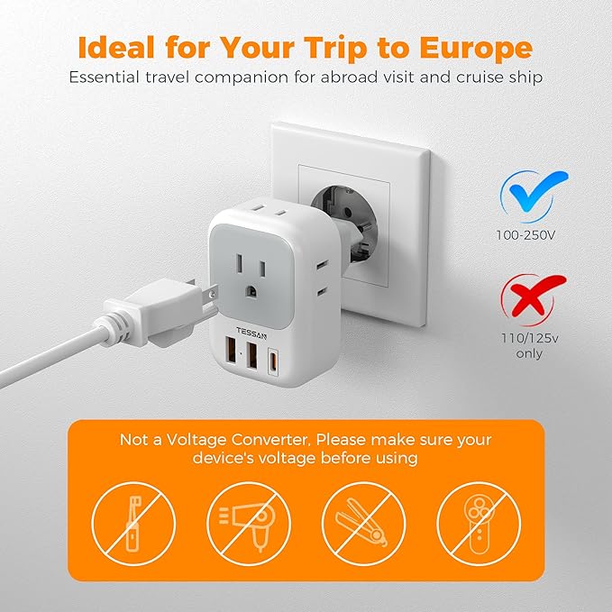 TESSAN European Travel Plug Adapter 2 Packs, Type C Europe Adaptor Foldable Plug 4 Outlets 3 USB(1 USB C PD 20W), US to Spain France Italy Germany Denmark Iceland European Travel Must Haves