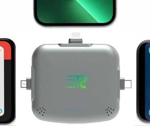 Rush Charge Universe 3 in 1 Portable Charger – 3300mah, 2.4A High-Speed Fast Charging Compatible with iPhone and Android Lightning, Type C, Micro-USB Charges 3 Devices at a Time Pre-Charged RC33 Grey