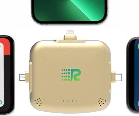 Rush Charge Universe 3 in 1 Portable Charger – 3300mah, 2.4A High-Speed Fast Charging Compatible with iPhone and Android Lightning, Type C, Micro-USB Charges 3 Devices at a Time Pre-Charged RC33 Gold