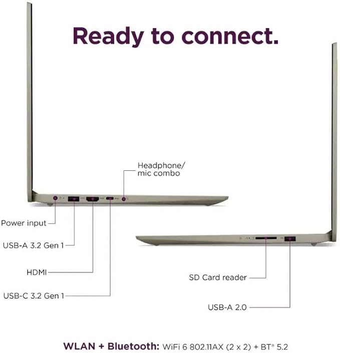 Lenovo 15.6" HD IdeaPad Anti-Glare Coating + 1 Year Microsoft 365, 8GB RAM, 128GB SSD, Windows 11 Pro, WiFi 6, HDMI, USB-C, Intel Processor, SD Card Reader, Up to 9.5 Hours Battery Life, w/WOWPC USB