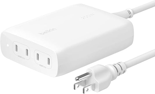 Belkin 4-Port USB C Charger Block 200W - GaN Multi-Port Charger USB-C PD3.1 Fast Charge + 5ft Power Cord - MacBook, iPhone 17, Air, iPad, Samsung Galaxy S25, Google Pixel 10, Nintendo Switch 2 - White