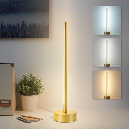 Cordless LED Table Lamp, Battery Operated Portable Desk Lamp,Dimmable/3 Color/Memory Function,Modern Rechargeable Table Light for Living Room,Bedroom,Bedside,Gold