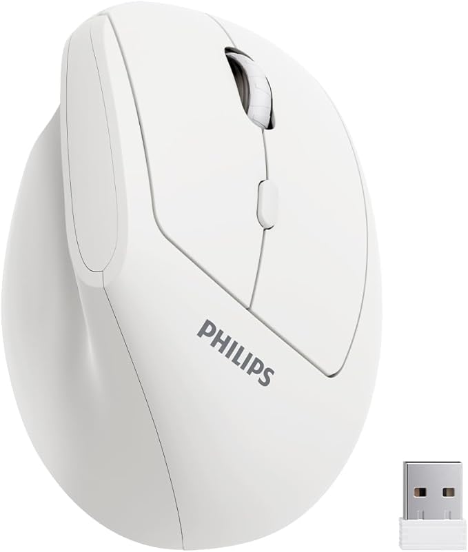 PHILIPS Ergonomic Mouse - Vertical Mouse with 800/1200/1600 Adjustable DPI, 6 Silent Buttons, Auto Power Saving,Light Weight,2.4GHz Wireless Mouse for Laptop,Desktop, PC- White