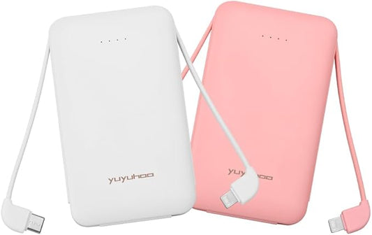 Portable Charger, Slimmest 5000mAh Portable Charger with Built in USB-C Cables, USB C in&out Charging Battery Pack, External Phone Powerbank Compatible with iPhone, Android, 2 Pack White & Pink