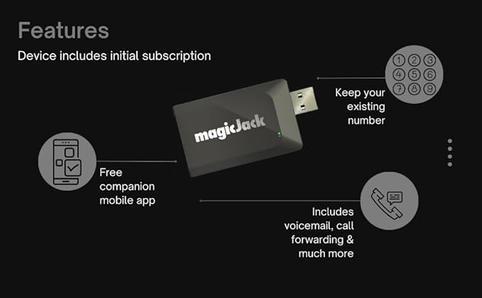 magicJack VOIP Phone Adapter - Unlimited Calls to US & Canada, No Monthly Bill, Portable Internet Phone with App, magicIN™ & magicOUT™ Service