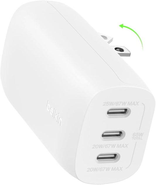 Belkin 3-Port USB C Charger Block 67W - PPS, USB-C PD3.1 Super Fast Charging Charger - Samsung Galaxy S25, Apple iPhone 17, Air, Pro, MacBook, AirPods, Apple Watch, Nintendo Switch 2 & More - White