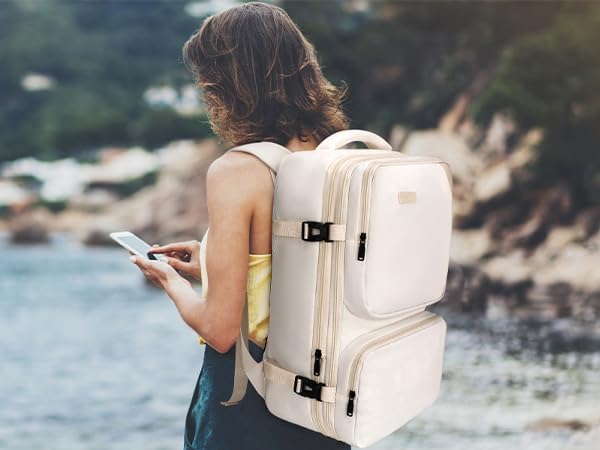 Vancropak Carry on Backpack, 47L Expandable Extra Large Travel Backpack with 3 Packing Cubes, Flight Approved Water Resistant Luggage Suitcase Weekend Duffle Bag Overnight Daypack for Women Men, Beige