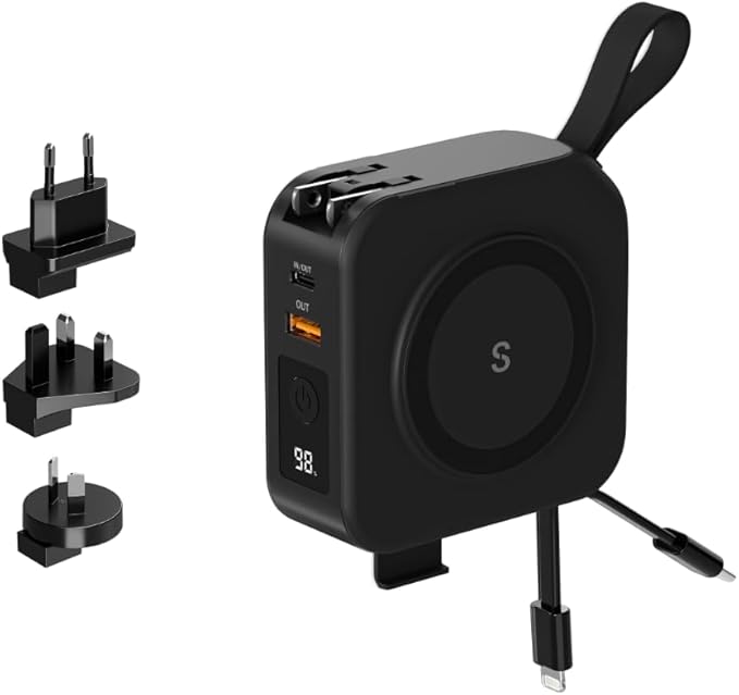 SnapWireless PowerPack Universal - 5 in 1 MagSafe Compatible Travel Charger | Universal Adapter | Travel Power Bank | Included Adapter Plug (Midnight Black)