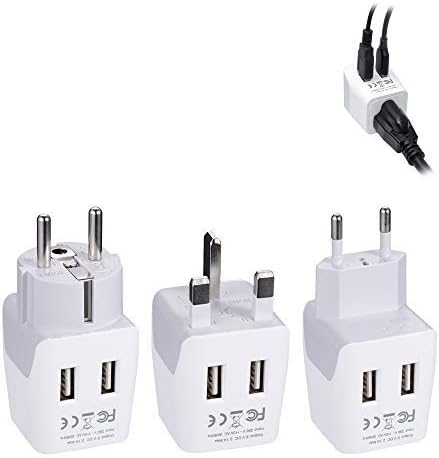 Ceptics Complete European Set Travel Adapter Plug by Ceptics With Dual USB - Type G, E/F, C - London - USA Input - Light Weight - Perfect for Cell Phones, Chargers, Cameras and More - 3 Pack