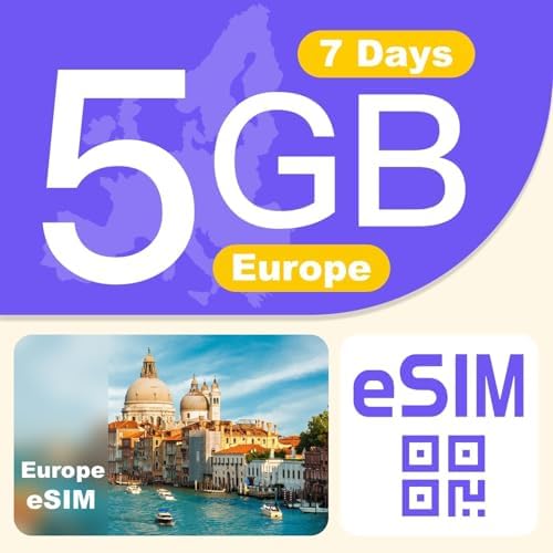 Europe eSIM Card 5GB 7Days - 4G LTE High-Speed Network, Prepaid eSIM for 31 Countries, Hotspot Support, High Coverage Multi-Carrier for Unlocked iPhone and Android,No Contract No SIM Card (7Days 5GB)