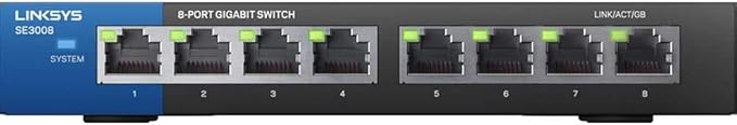 Linksys SE3008: 8-Port Gigabit Ethernet Unmanaged Switch, Computer Network, Auto-Sensing Ports Maximize Data Flow for up to 1,000 Mbps (Black, Blue)