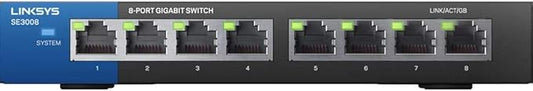 Linksys SE3008: 8-Port Gigabit Ethernet Unmanaged Switch, Computer Network, Auto-Sensing Ports Maximize Data Flow for up to 1,000 Mbps (Black, Blue)