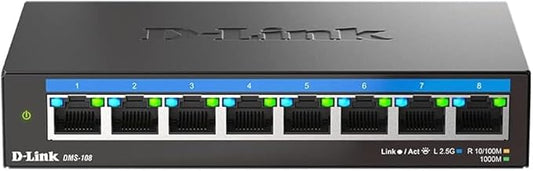 D-Link 8-Port 2.5GB Unmanaged Gaming Switch with 8 x 2.5G - Multi-Gig, Network, Fanless, Plug & Play (DMS-108),Black