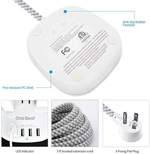 One Beat Desktop Power Strip with 3 Outlet 4 USB Ports 4.5A, Flat Plug and 5 ft Long Braided Extension Cords for Cruise Ship Travel Home Office, ETL Listed
