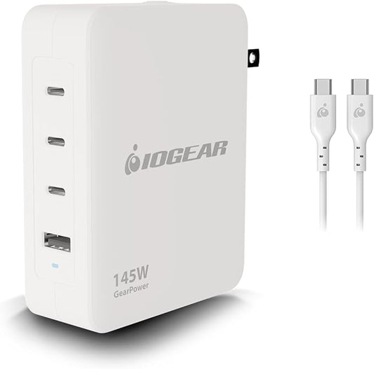 IOGEAR GearPower 145W Multiport Charger, GaN, 4 Port, USB-C Cable, iPhone 16, MacBook Pro/Air, iPad Pro, Google Pixel, Travel Wall Charger, Cable Included, GPAWC145W