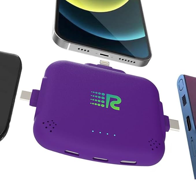 Rush Charge Universe 3 in 1 Portable Charger 3300mah, 2.4A High-Speed Fast Charging Compatible with iPhone and Android Lightning, Type C, Micro-USB Charges 3 Devices at a Time Pre-Charged RC33 Purple