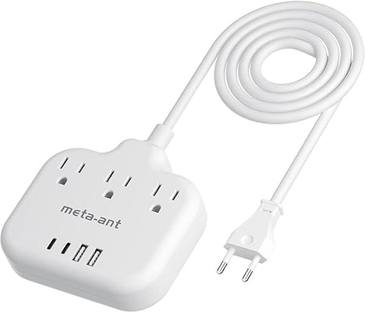 European Travel Plug Adapter, US to Europe Plug Adapter with 3 Outlets & 4 USB(2 USB-C), 5ft European Power Cord, International Power Strip, Type C for Europe EU Germany France, Travel, White