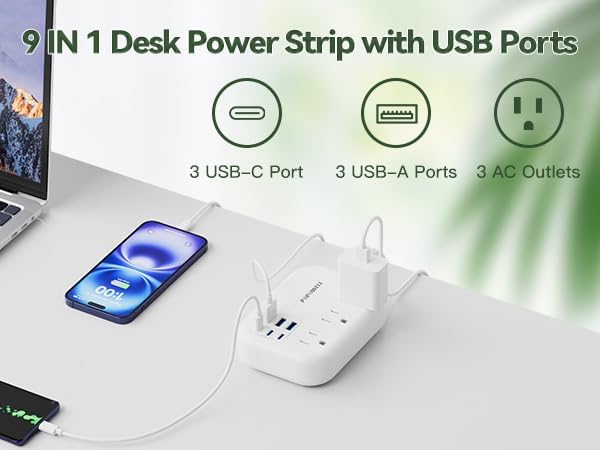 6 USB Power Strip- Travel Power Strip with 3 Outlets and 6 USB(3 USB C) 24W/4.8A Charging Ports for iPhone 15, 3 FT Small Extension Cord, Slim Flat Plug for Cruise Ship Essential, Office Dorm, White.