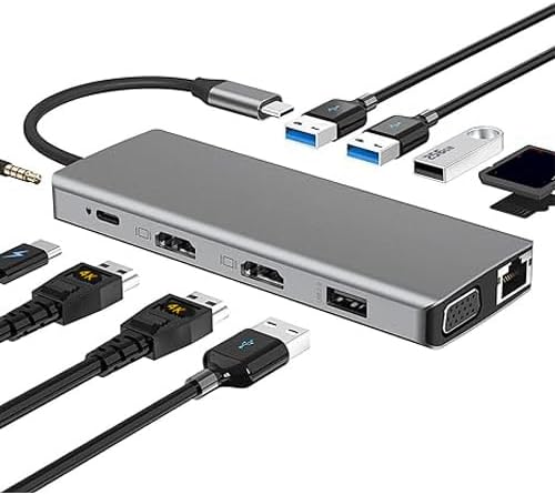 13 Combo Type-C Ethernet Hub, 4K USB-C to 2 HDTVs, VGA, 2 USB 3.0, 2 USB 2.0, 100W PD, SD/TF Card Reader, Microphone/Sound Expansion Base, Suitable for USB-C laptops (100)