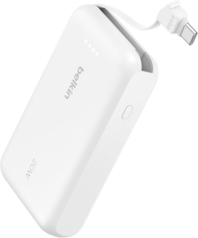 Belkin Portable Charger, Power Bank with Integrated Cable 10000 mAh 20W - Fast Charge USB C Power Delivery, iPhone Charger - iPhone 17, Air, Pro, Pro Max, iPad, Galaxy S25, & More - White
