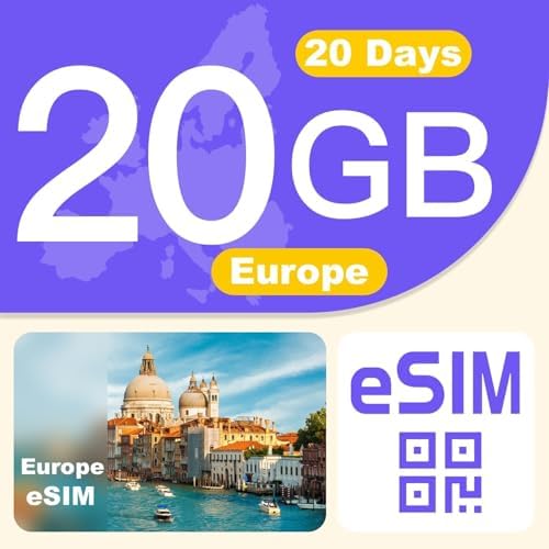 Europe eSIM Card 20GB 20Days - 4G LTE High-Speed Network, Prepaid eSIM for 31 Countries,Hotspot Support, High Coverage Multi-Carrier for Unlocked iPhone and Android, No Contract No SIM Card