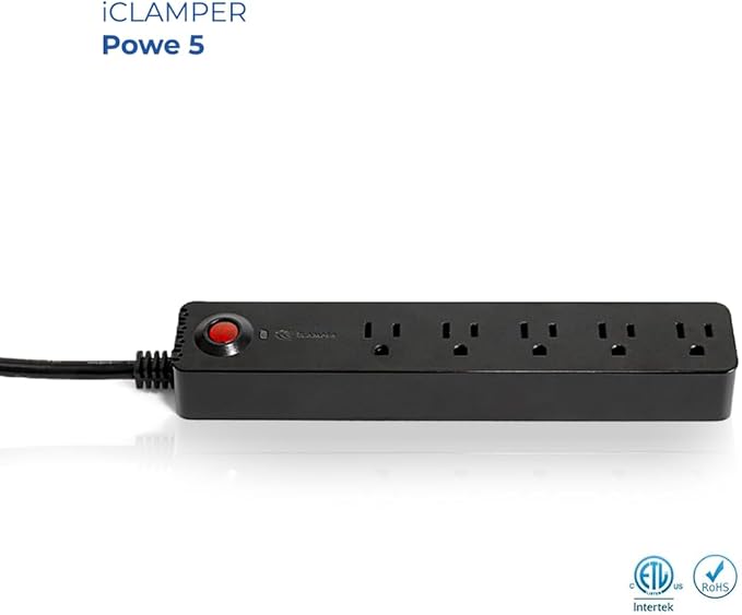 Clamper Power Strip 5-Outlet 5ft Extension Cord, Short Circuit Protection, Surge Protector 1800 Joules, 1875W, for TV, PC, Xbox, PS5 and Other Appliances, Home and Office, iCLAMPER Power 5 Black