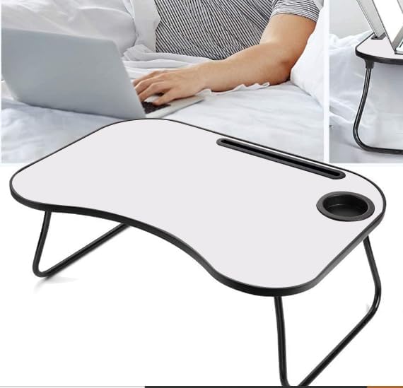 【LuckyNote】 Portable Laptop Desk, Gray and White Matte Metal and Wood Construction, Foldable Design with Cup Holder, 26.5 x 18.5 Inches, for Bed, Car, Couch, Home Use