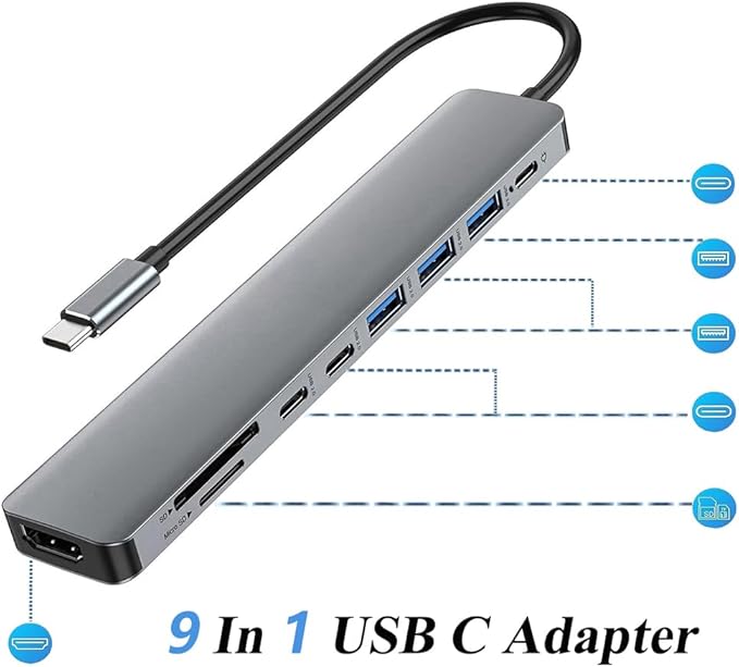 9 in 1 USB C Adapter, Multiport USB C Hub with 4K HDMI Output, Super Speed Transfer, PD 100W Fast Charging Type C Adapter, Compatible with SD/TF Card Reader, Laptop, Desktop, Tablet, Phone and More