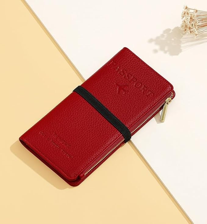 DOB SECHS Leather Passport Holder, RFID Blocking Passport Wallet Credit Cards Case for Women, Travel Accessories Organizer Pouch Bag with ID Window+Zippered Cash Pocket+SIM Slots, Red