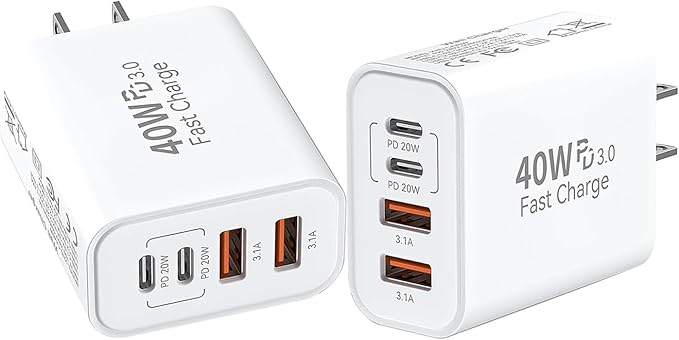 iPhone 17 16 USB C Fast Charger Block,USB C Charging Block 2-Pack 40W Type C 4in1 Multiport Fast Plug Wall Charger for iPhone 17 Pro Max/17 Air/17 Pro/16 Plus/16e/15 Pro Max/14/13/12/Xs Max/XR/X,iPad