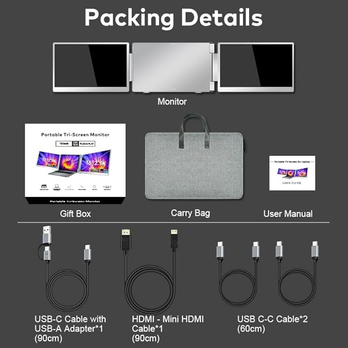 Laptop Screen Extender for Triple Display - 16" QHD 2500P Portable Monitor, Detachable, Plug & Play Dual Monitor Extender for 12"-18.5" Laptops, Compatible with Windows/Mac/Android/Chrome/PS3/PS4