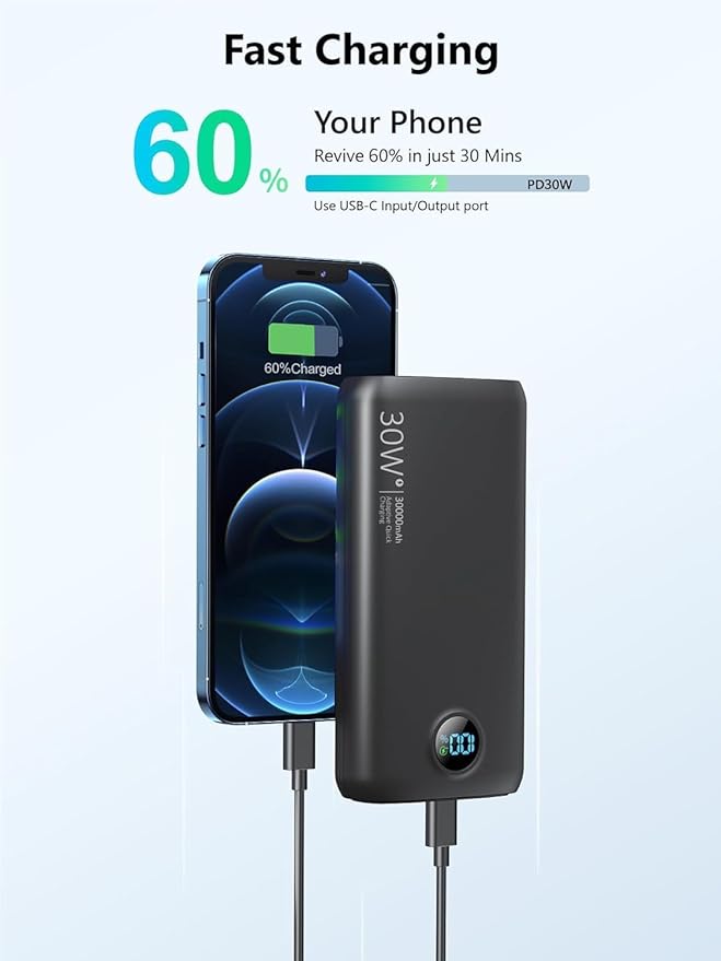 Portable Charger, 30000mAh QC4.0 PD3.0 30W USB C Fast Charging, Power Bank with 3W Flashlight and Led Display, External Battery Pack Travel Essentials for iPhone 17 16, Galaxy, LG, Tablet, and More