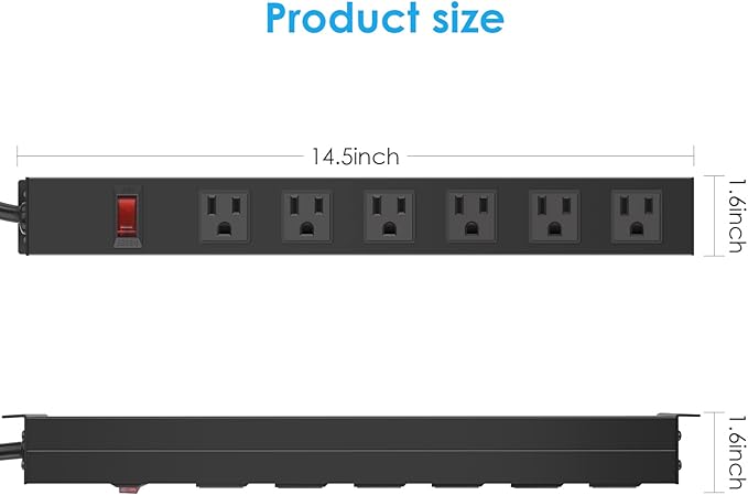 Metal Wall Mount Power Strip, Mountable Power Outlet with 6 AC Outlets, Aluminum Alloy Mount Power Socket with Switch, 3 FT SJT 3/C 14AWG Power Cord, 15A 125V 1875W (6AC) Black