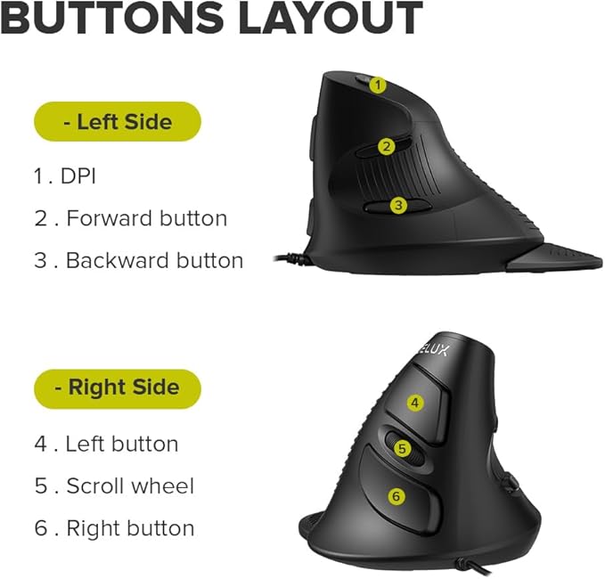 DeLUX Wired Vertical Ergonomic Mouse, with 6 Programmable Buttons, 4200DPI, Removable Palm Rest, Reduces Wrist Pain and Carpal Tunnel for Medium Hands (M618XU-Black)