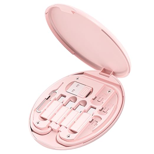 Multi USB Charging Adapter Cable Kit, USB C to iOS Device Adapter Box, Conversion Set A & Type C to Male Micro/Type C/iOS Device, Data Transfer, Card Storage, Tray Eject Pin, Phone Holder (Pink)