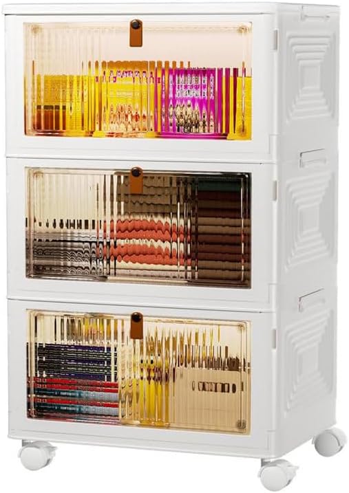 3 Tier Plastic Storage Bins with Lids 35QT, Stackable Storage Containers with Wheels, Folding Storage Boxes, Collapsible Storage Bins, Closet Organizers and Storage for Living Room,Office,Dorm