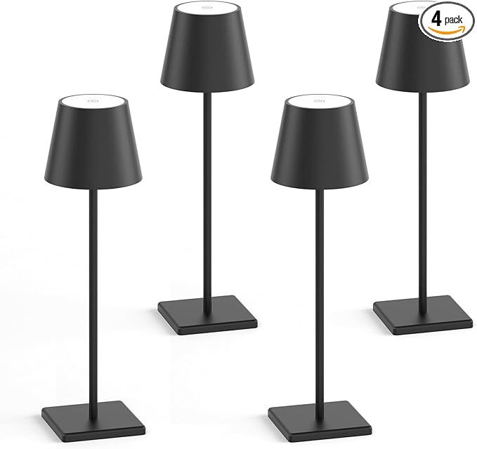 4-Pack LED Rechargeable Table Lamp, Battery Desk lamp 3W 6000mAh Battery Operated Stepless Dimming Modern Portable Table Light for Restaurant/Dinner/Bedroom/Outdoor IP54 Waterproof (Black)