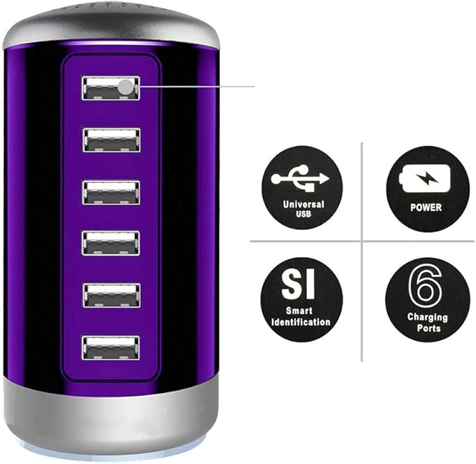 Universal USB Charger 6-Port Desktop USB Charging Station Hub with Smart Identification Technology Compatible with iPhone iPad Cell Phone Tablets(Purple)