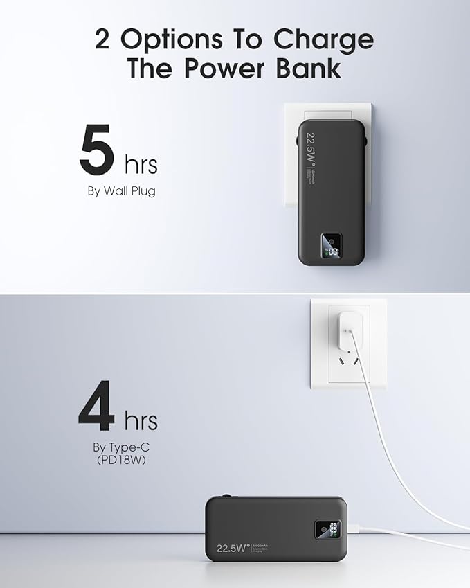 Portable Charger Built-in Cables and AC Wall Plug, 12000mAh power Bank, USB C 22.5W Fast charging Phone Charger ,Compact Lightweight External Battery Pack for iPhones, iPad, Samsung，Tablets, etc.