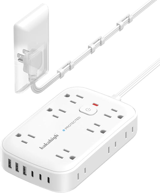 Flat Extension Cord with Outlet Cover & Multi USB- 5 FT, 1625W 3 Prong Extension Cord with 12AC Outlet 6 USB (24W/4.8A), Multi Ports Charging Station for Behind Wall Furniture Couch Sofa TV