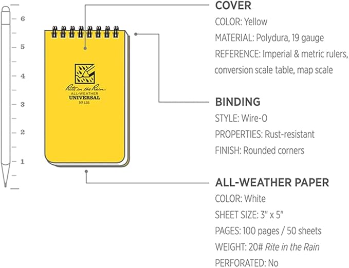 Rite in the Rain Weatherproof Top Spiral Notebook, 3" x 5", Yellow Cover, Universal Pattern, 3 Pack (No. 135-3)