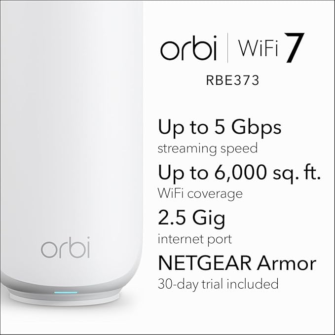 NETGEAR Orbi 370 Series Dual-Band WiFi 7 Mesh Network System for Home (RBE373) – Wireless Router + 2 Extenders, Security Features, 5 Gbps, Covers 6,000 sq.ft., 70 Devices, 2.5GB Internet Port, BE5000