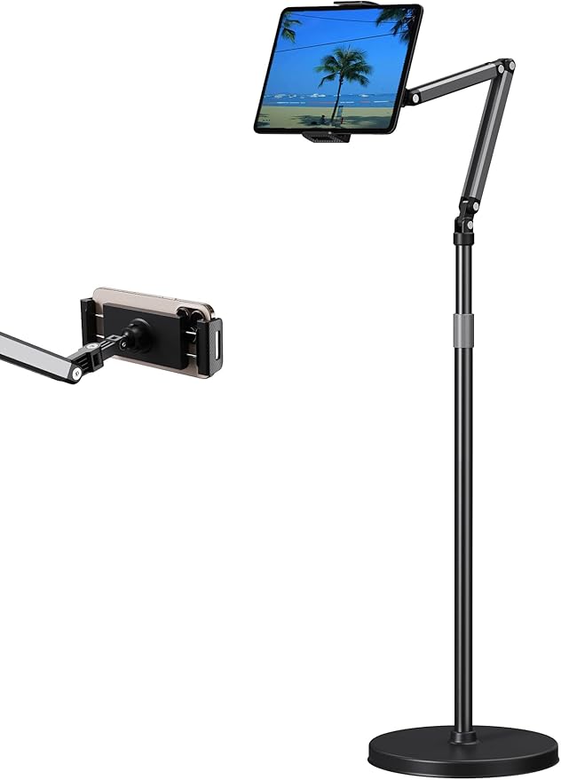 Tablet Stand for iPad Floor Phone Stand for Bed, Meeting, Vlogging, Compatible with Kindle, Galaxy Tab, Adjustable Height, Tablet Holder with Ultra-Long Extension Arm, 360° Swivel