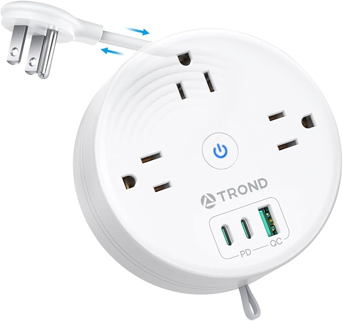 TROND 20W USB C Travel Power Strip - Retractable Extension Cord 5ft Ultra Thin Flat Plug, Power Strip with 3 AC Outlets and USB C Fast Charging, Cruise Ship Essentials, for Home Hotel Dorm Room, White