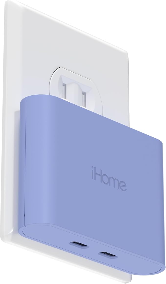 iHome Multiport 40W USB-C Charger, AC Pro 2-Port Flat Block, Dual Fast Charging Wall Adapter