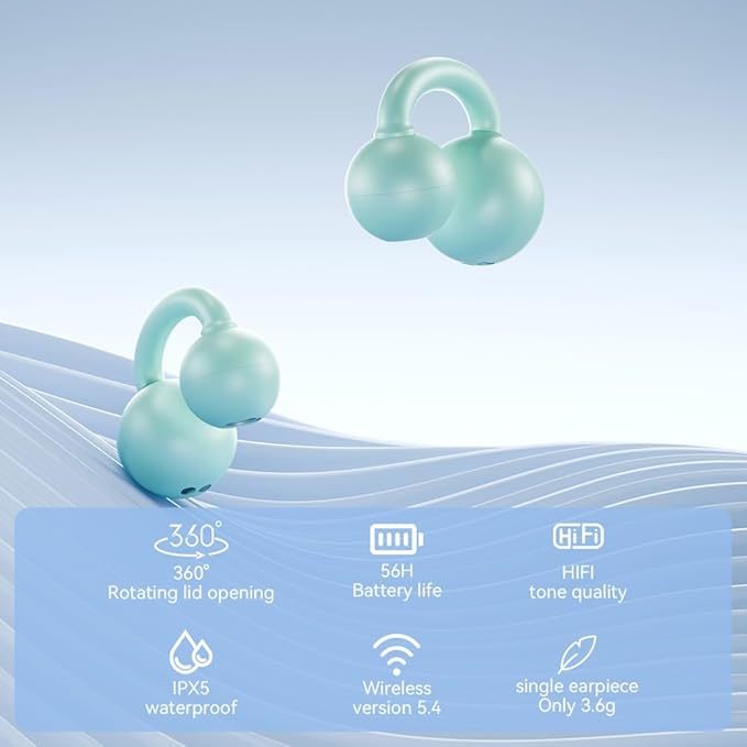 Open Ear Earbuds, Bluetooth 5.4 Clip On Headphones,with Mic, 56H Playtime, IPX5 Waterproof, Clip-On Fit, Clear Audio, for Small Ears, Workout Sports Running(Sky Blue)