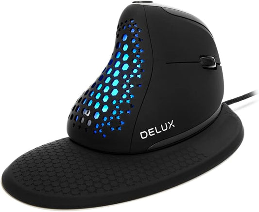 DeLUX Seeker Wired Ergonomic Vertical Mouse with Thumb Wheel, Optical Computer Mouse with 6 Programmable Buttons, 4000 DPI, RGB Backlight, Removable Wrist Rest for Carpal Tunnel (M618XSU-Black)